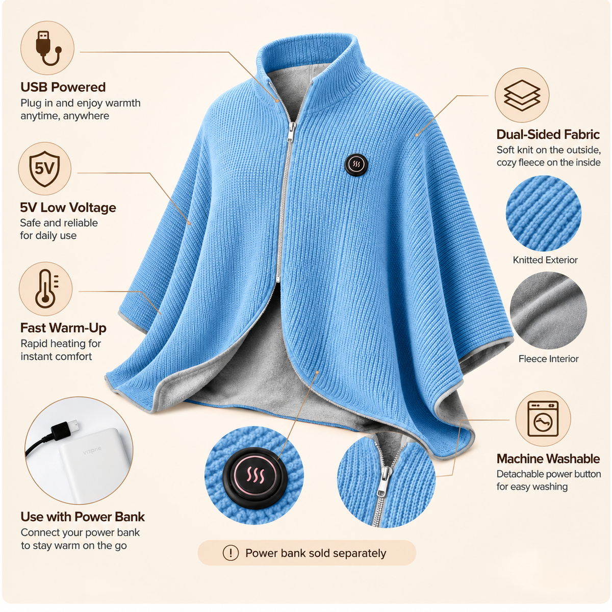 Wearable Heated Shawl 3 Heat Levels Portable Thermal Wrap