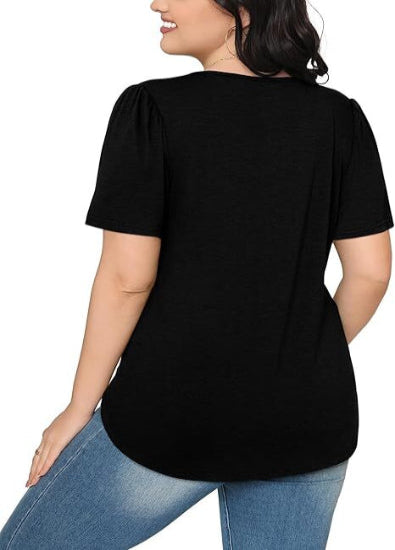 Women's Summer Pleated Blouse - Short Sleeve Scoop Neck Tunic, Dressy Casual Flare Top (S-4XL)