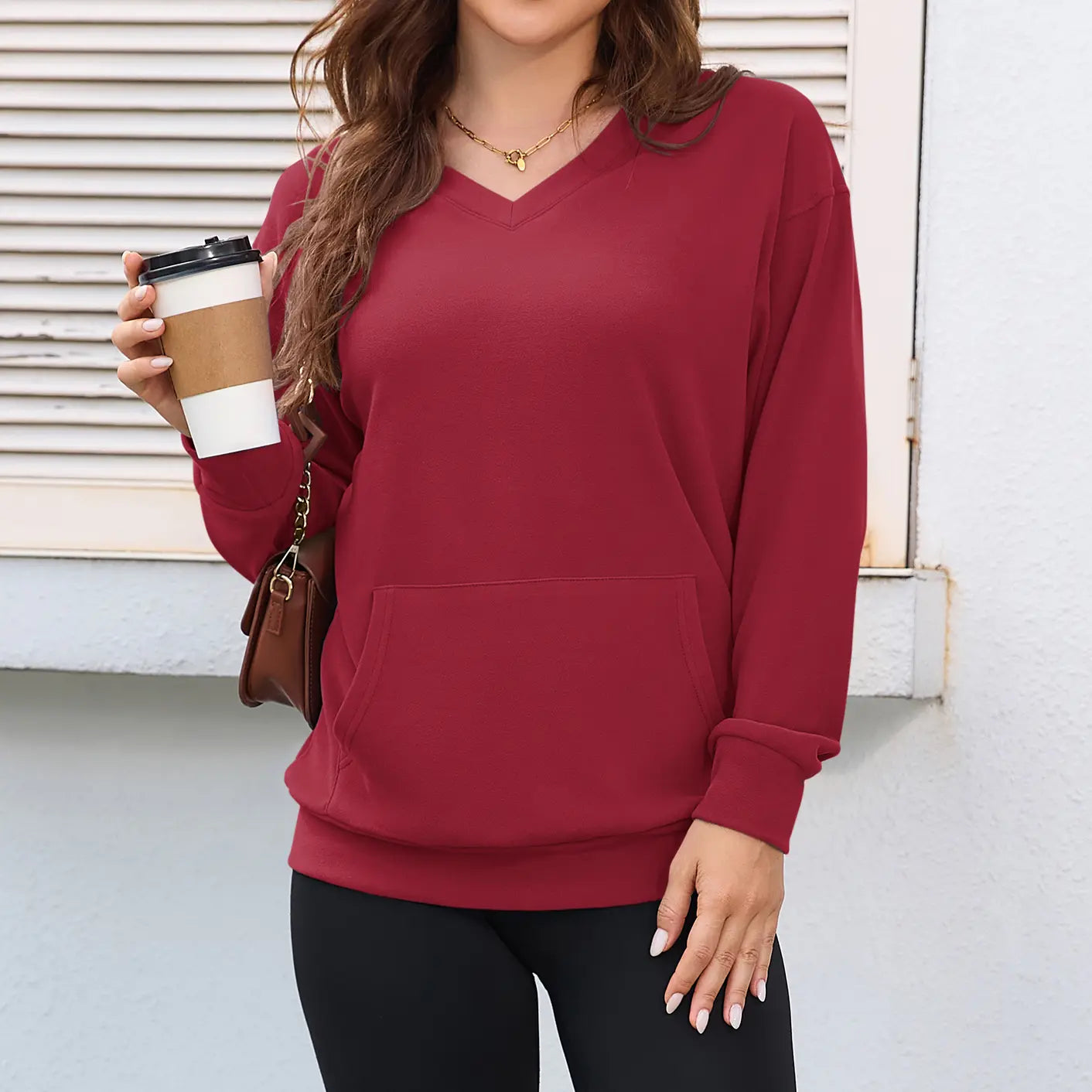 Women's V Neck Sweatshirt with Kangaroo Pocket, Fleece Long Sleeve Oversized Pullover, Casual Hoodless Top