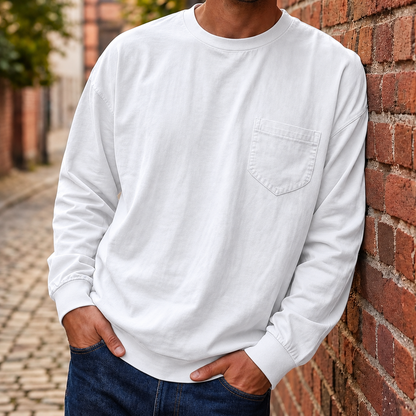 Men's Loose Fit Long Sleeve Pocket T-Shirt – Soft Cotton Blend Casual Tee for Everyday Wear