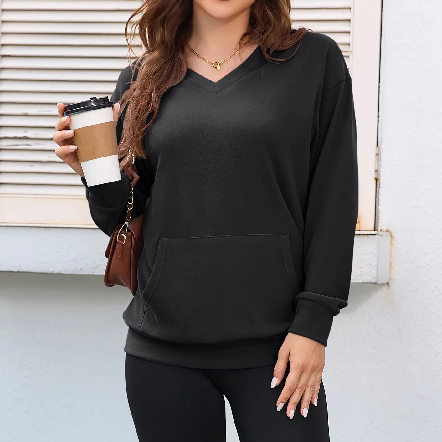 Women's V Neck Sweatshirt with Kangaroo Pocket, Fleece Long Sleeve Oversized Pullover, Casual Hoodless Top