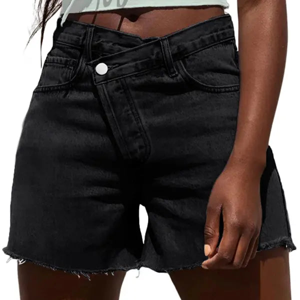 Women Crossover High Waisted Jeans Shorts Stretchy Casual Denim Shorts Boyfriend Summer Womenswear Streetwear Bottom Fit Ripped Style Chic