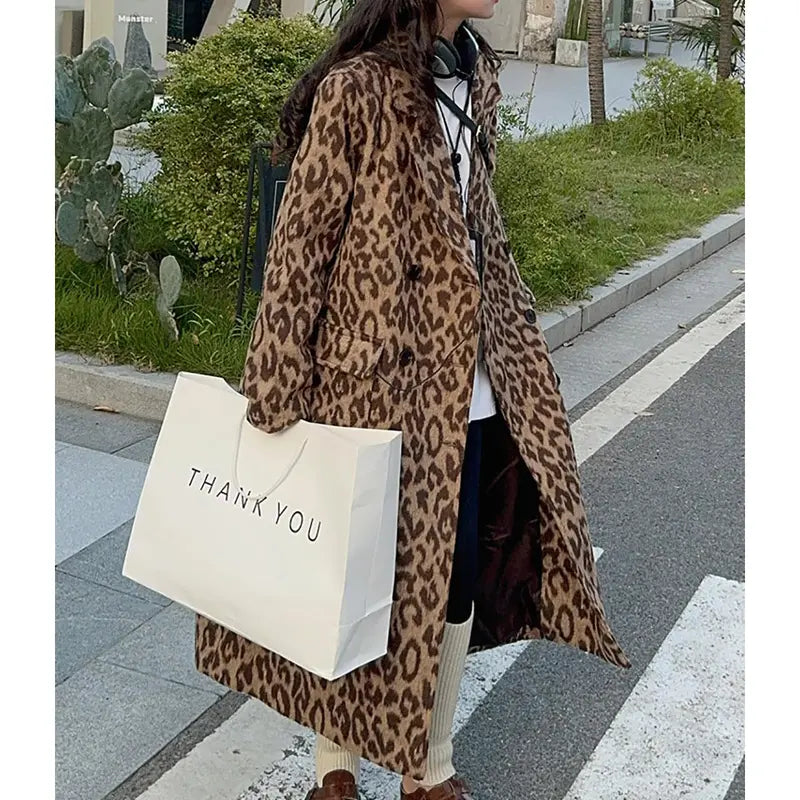 Women's Leopard Print Double-Breasted Wool Blend Trench Coat – Long Winter Overcoat