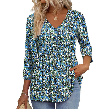 Women's V-Neck 3/4 Sleeve Tunic Top – Flowy Dressy Casual Blouse