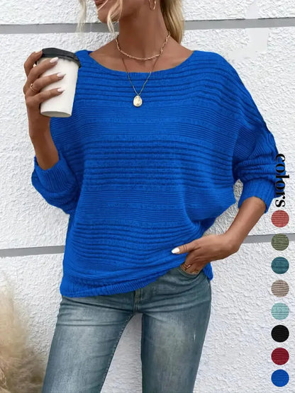 Women's Plain Round Neck Batwing Sleeve Tee, Casual Long Sleeve Crew Neck T-shirt for Fall & Winter