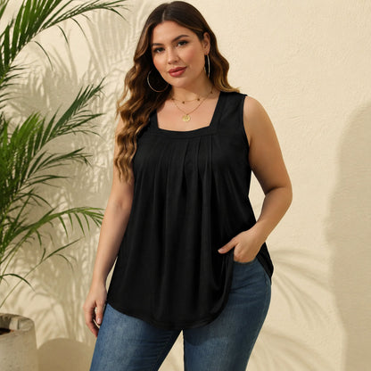 Special Sale🩷Summer Tank Tops for Women Loose Fit Pleated Square Neck Sleeveless Tops Curved Hem Flowy