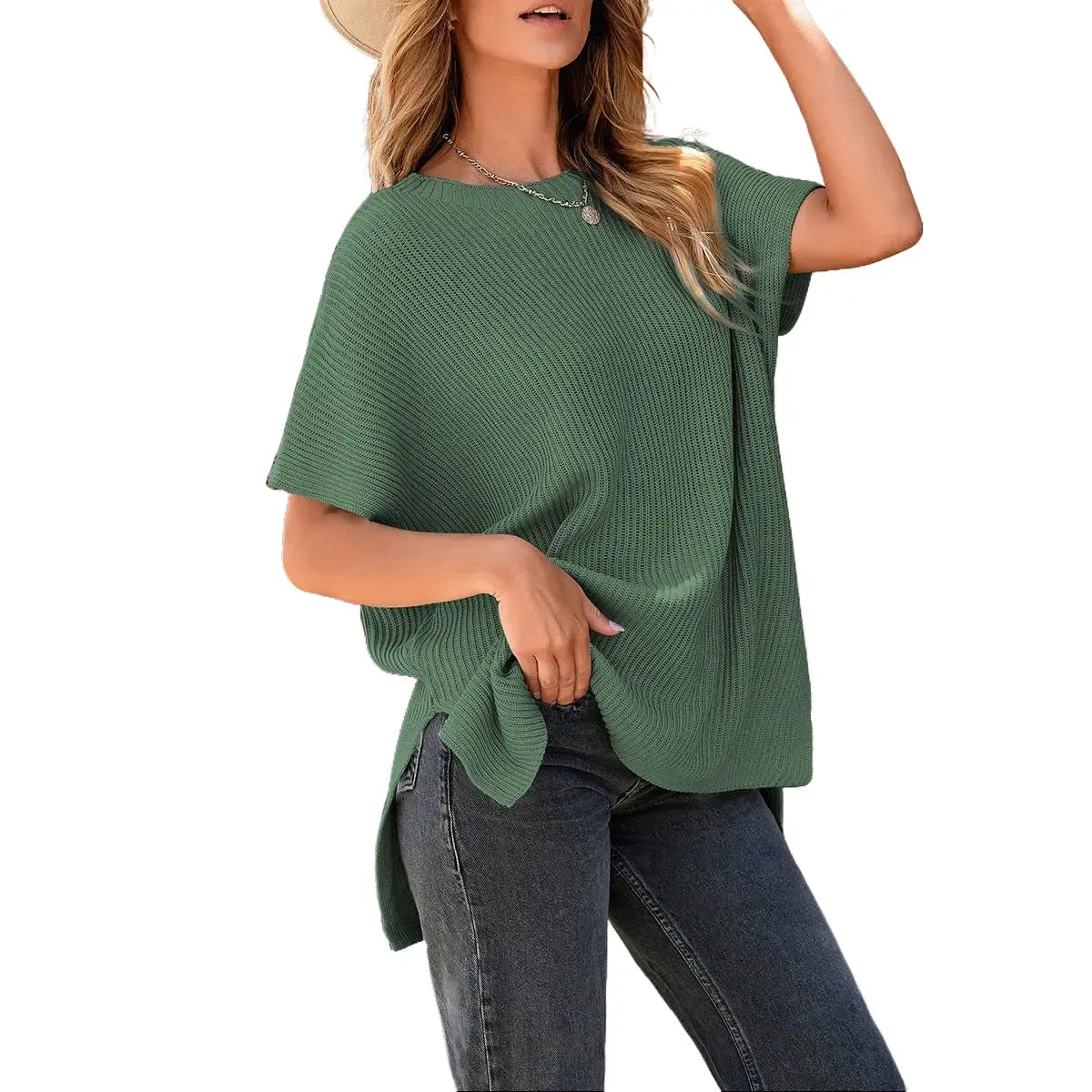 2026 SummerVibes Women's Crew Neck Batwing Short Sleeve Ribbed Knit Top - Oversized High Low Side Split Casual Pullover for Daily Outings summerwins