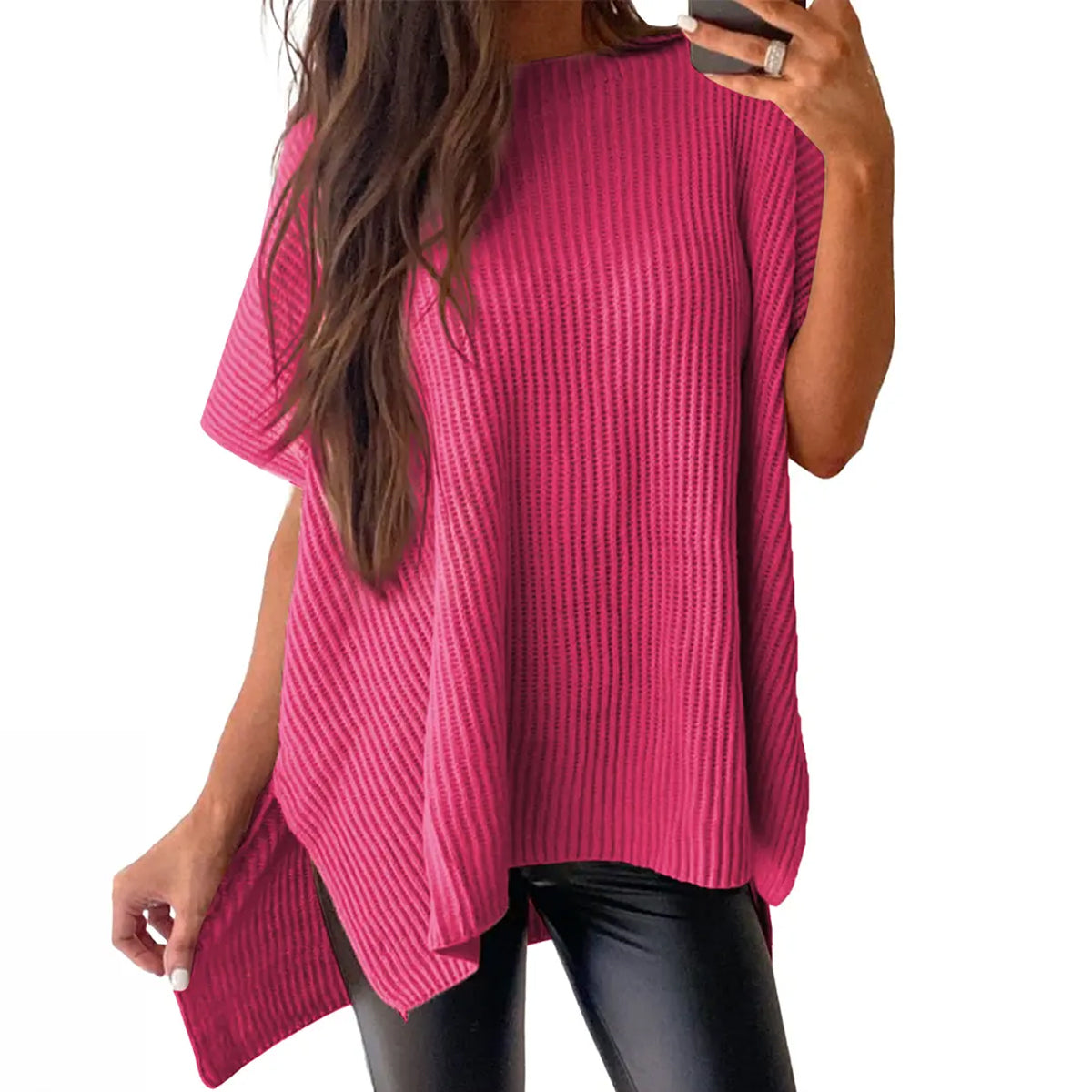 2026 SummerVibes Women's Crew Neck Batwing Short Sleeve Ribbed Knit Top - Oversized High Low Side Split Casual Pullover for Daily Outings summerwins