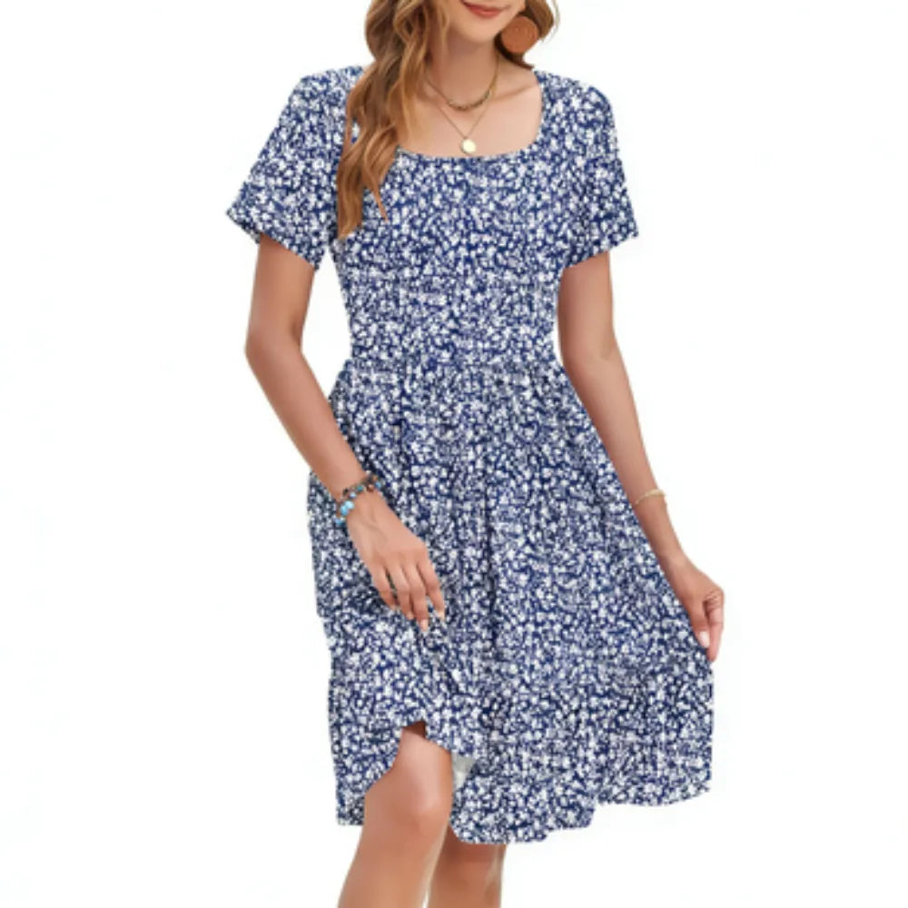 🌴 Vacation-Ready Floral Sundress – Square Neck Ruffle Sleeve Dress with Pockets