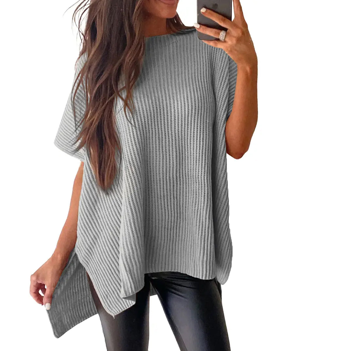 2026 SummerVibes Women's Crew Neck Batwing Short Sleeve Ribbed Knit Top - Oversized High Low Side Split Casual Pullover for Daily Outings summerwins
