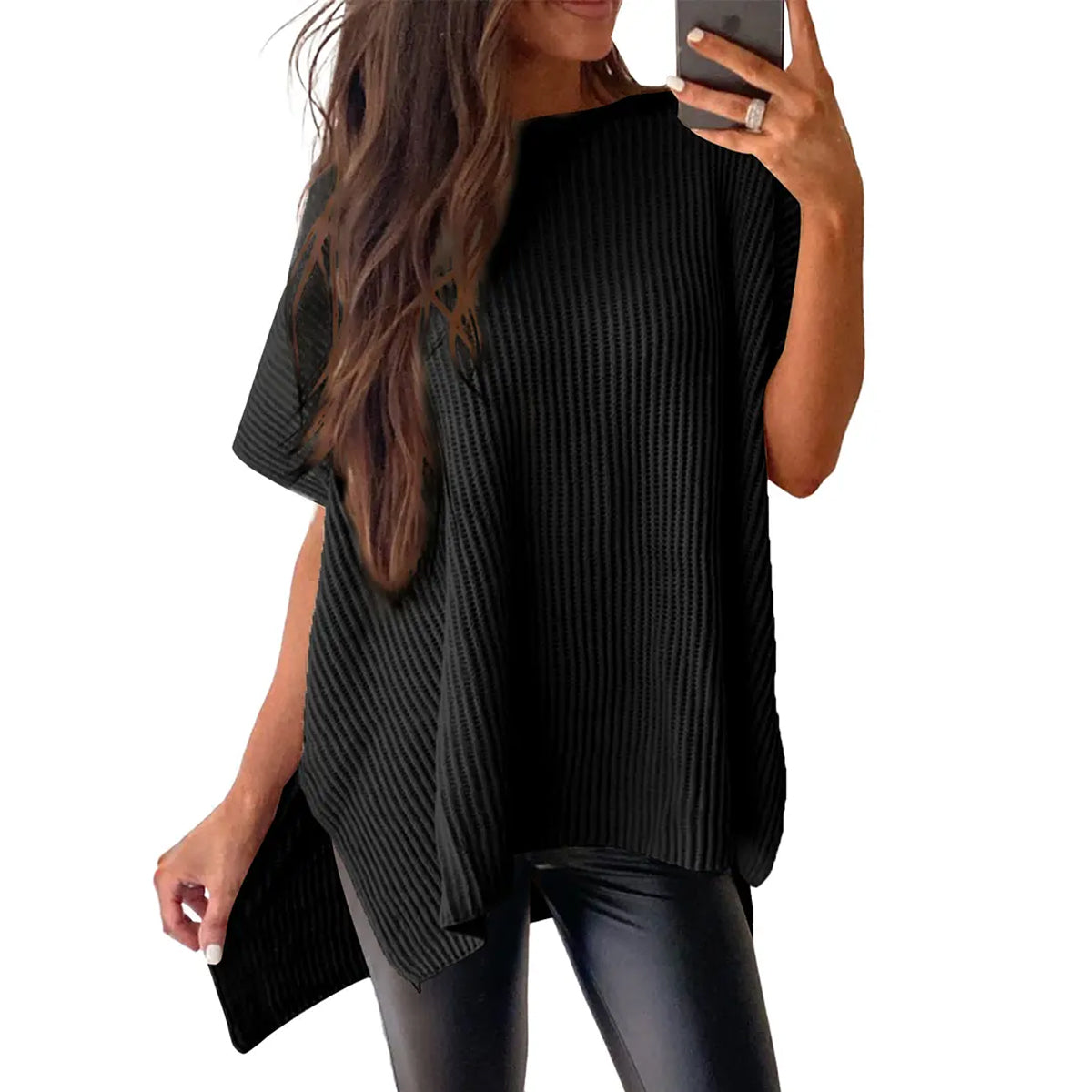 2026 SummerVibes Women's Crew Neck Batwing Short Sleeve Ribbed Knit Top - Oversized High Low Side Split Casual Pullover for Daily Outings summerwins