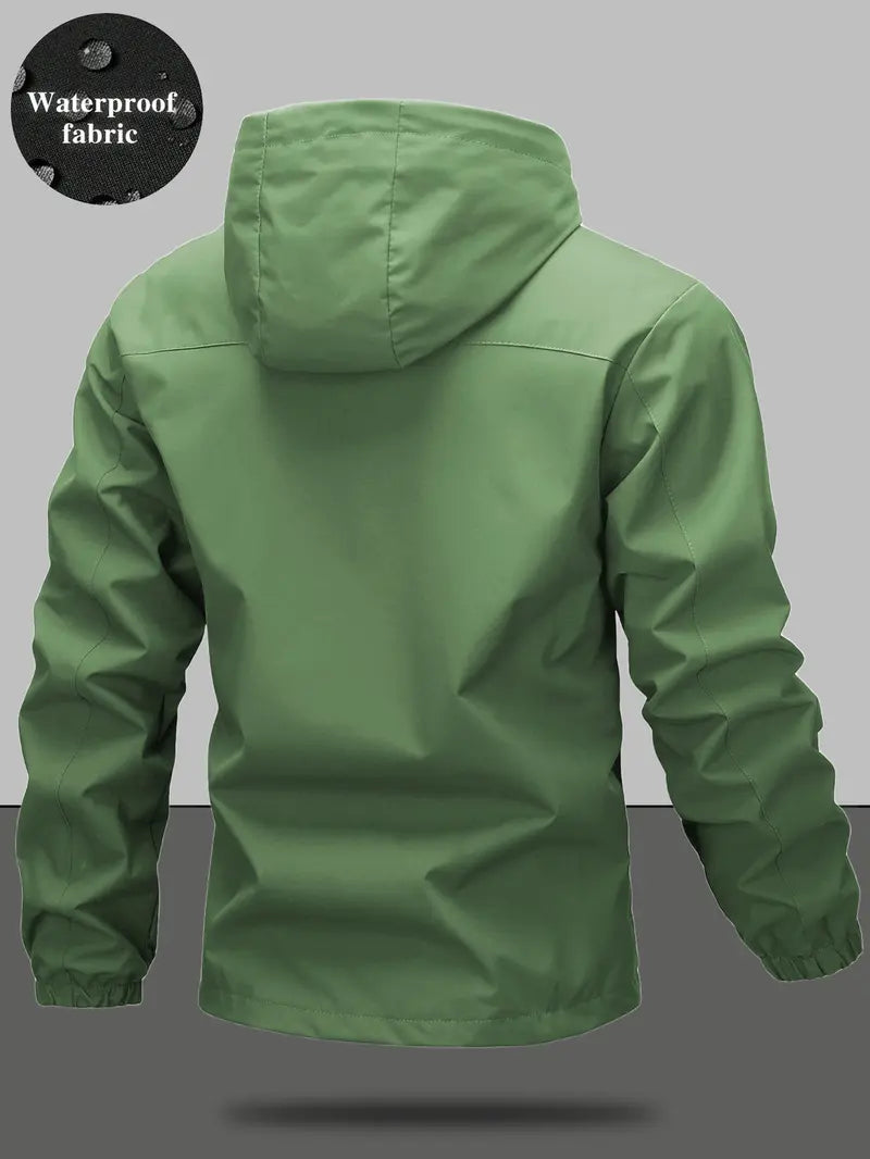 Men's Waterproof Windproof Zip Hooded Jacket, Outdoor Casual All-Season Coat