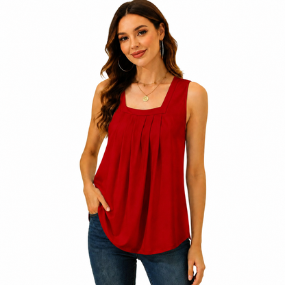 Special Sale🩷Summer Tank Tops for Women Loose Fit Pleated Square Neck Sleeveless Tops Curved Hem Flowy