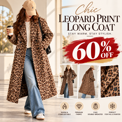 Women's Leopard Print Double-Breasted Wool Blend Trench Coat – Long Winter Overcoat