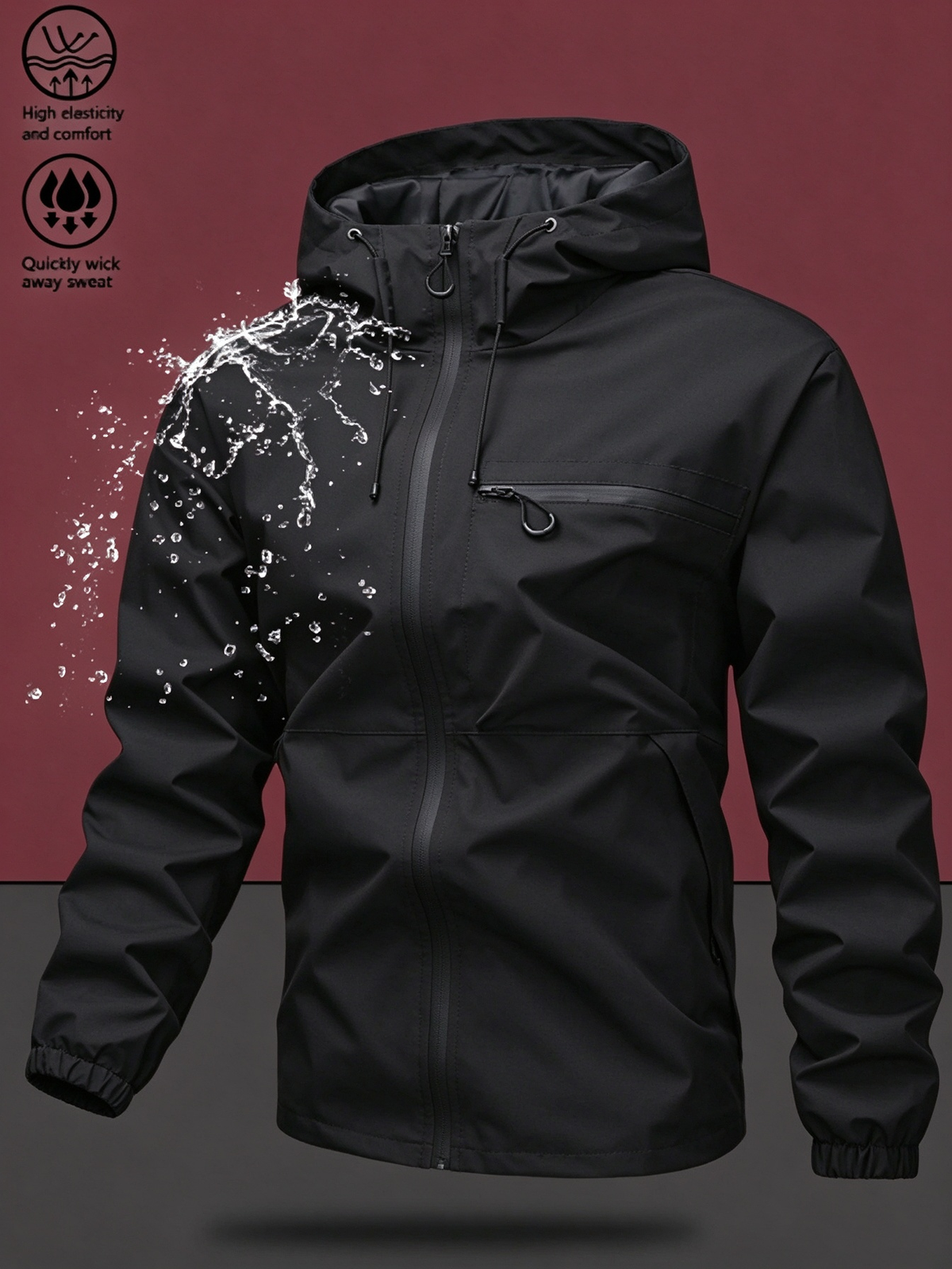 Men's Waterproof Windproof Zip Hooded Jacket, Outdoor Casual All-Season Coat
