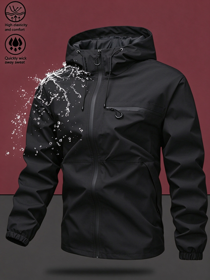 Men's Waterproof Windproof Zip Hooded Jacket, Outdoor Casual All-Season Coat