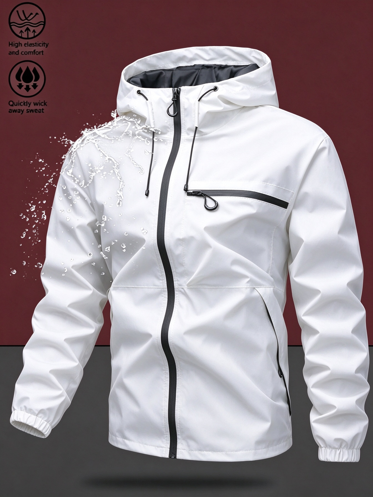 Men's Waterproof Windproof Zip Hooded Jacket, Outdoor Casual All-Season Coat