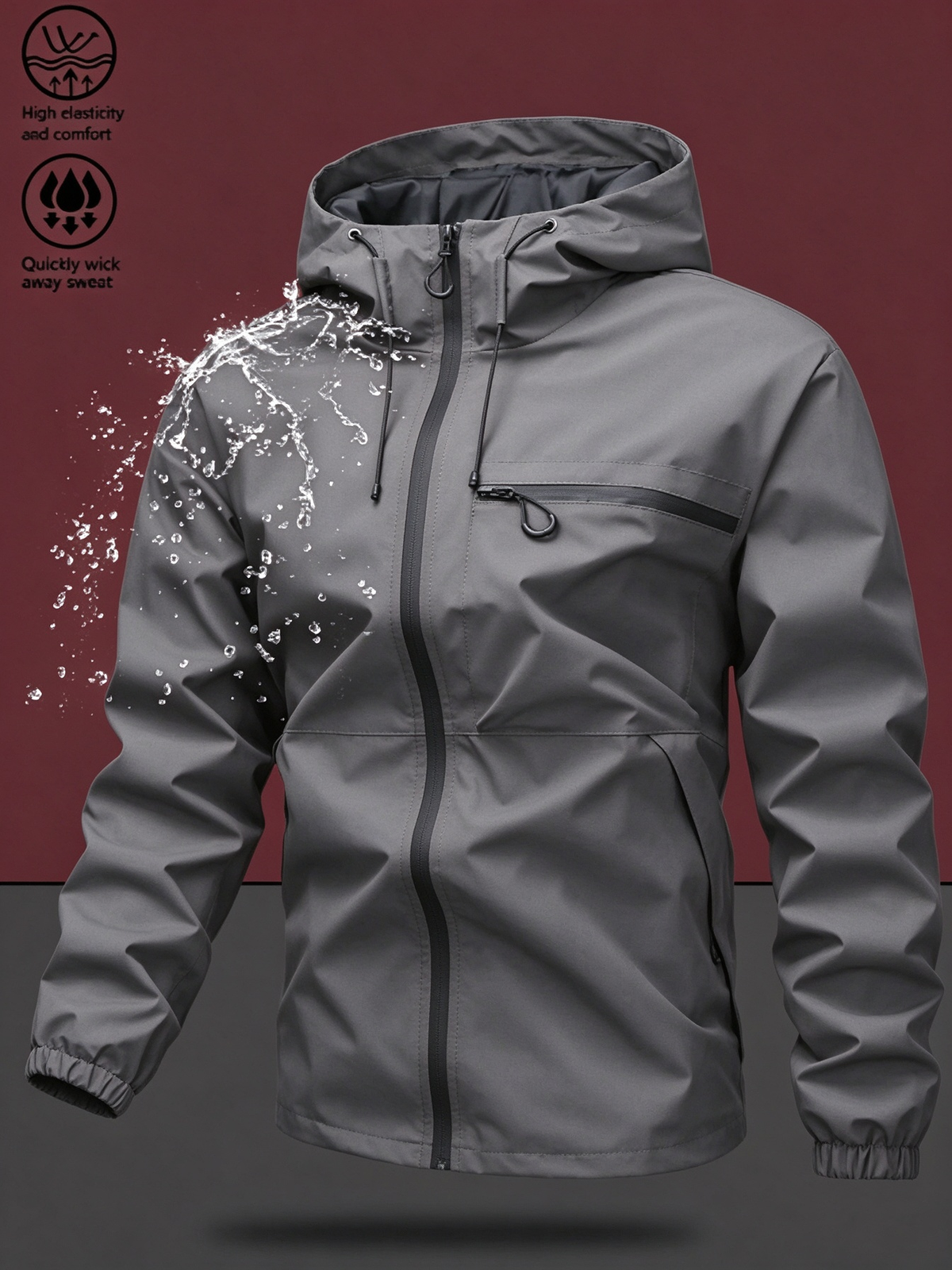 Men's Waterproof Windproof Zip Hooded Jacket, Outdoor Casual All-Season Coat