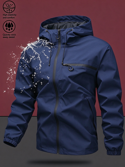 Men's Waterproof Windproof Zip Hooded Jacket, Outdoor Casual All-Season Coat