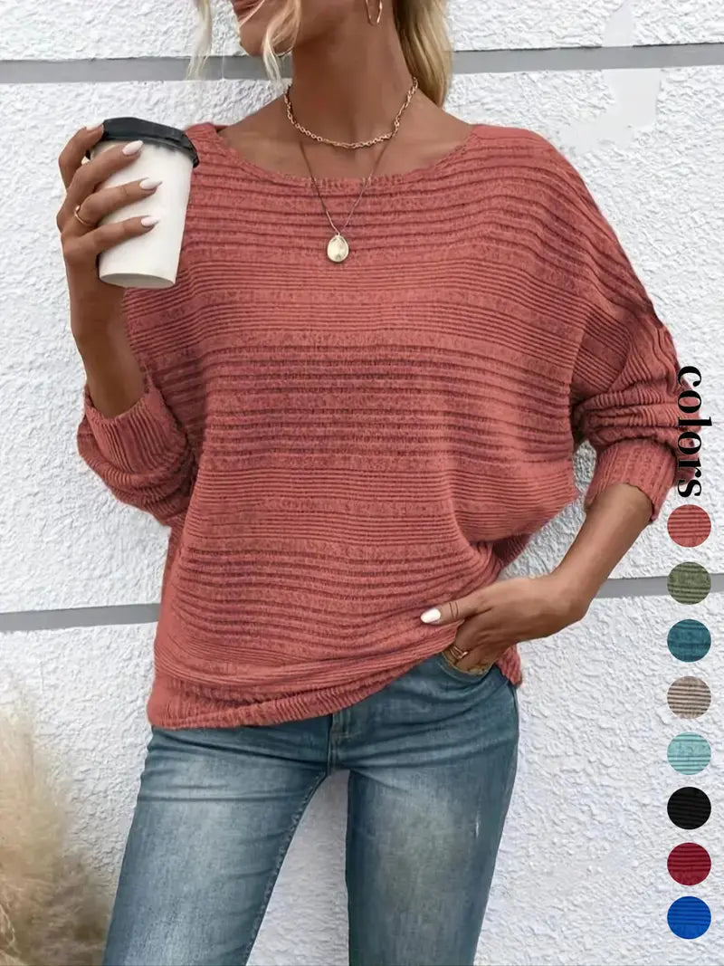 Women's Plain Round Neck Batwing Sleeve Tee, Casual Long Sleeve Crew Neck T-shirt for Fall & Winter