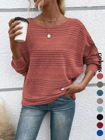 Women's Plain Round Neck Batwing Sleeve Tee, Casual Long Sleeve Crew Neck T-shirt for Fall & Winter