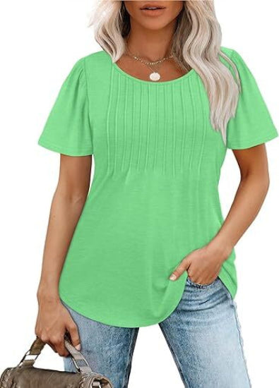 Women's Summer Pleated Blouse - Short Sleeve Scoop Neck Tunic, Dressy Casual Flare Top (S-4XL)