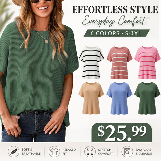 2026 SummerVibes Women's Crew Neck Batwing Short Sleeve Ribbed Knit Top - Oversized High Low Side Split Casual Pullover for Daily Outings summerwins