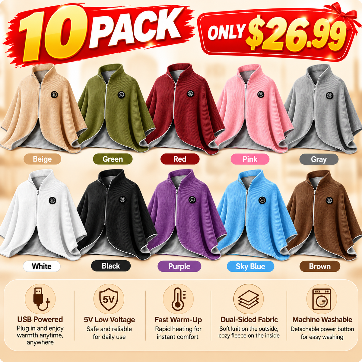 Wearable Heated Shawl 3 Heat Levels Portable Thermal Wrap