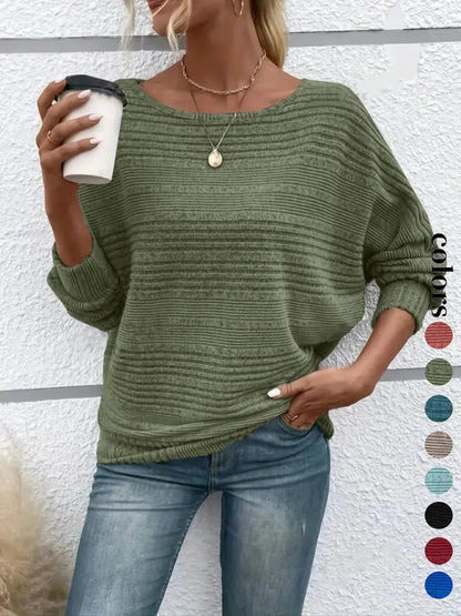 Women's Plain Round Neck Batwing Sleeve Tee, Casual Long Sleeve Crew Neck T-shirt for Fall & Winter