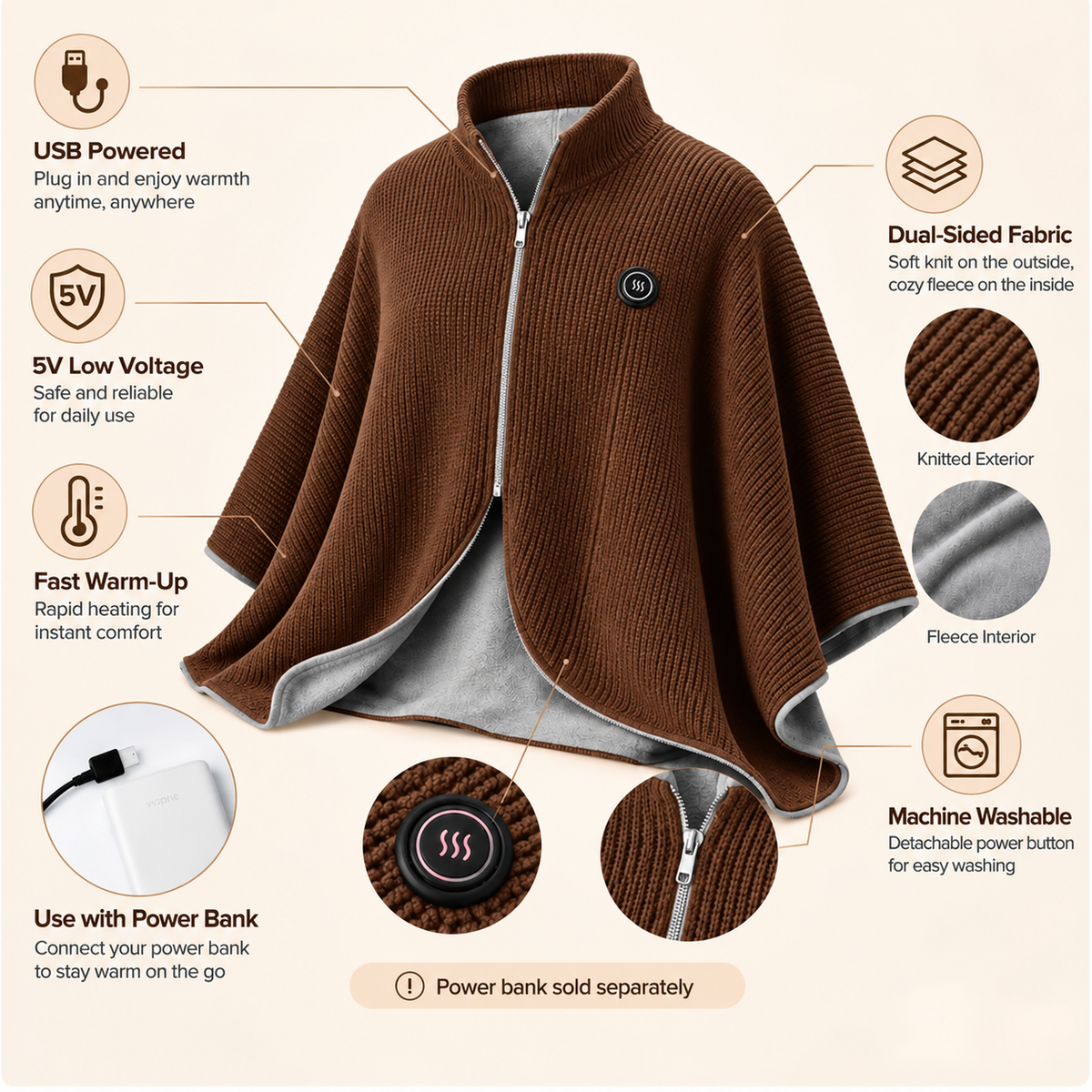 Wearable Heated Shawl 3 Heat Levels Portable Thermal Wrap