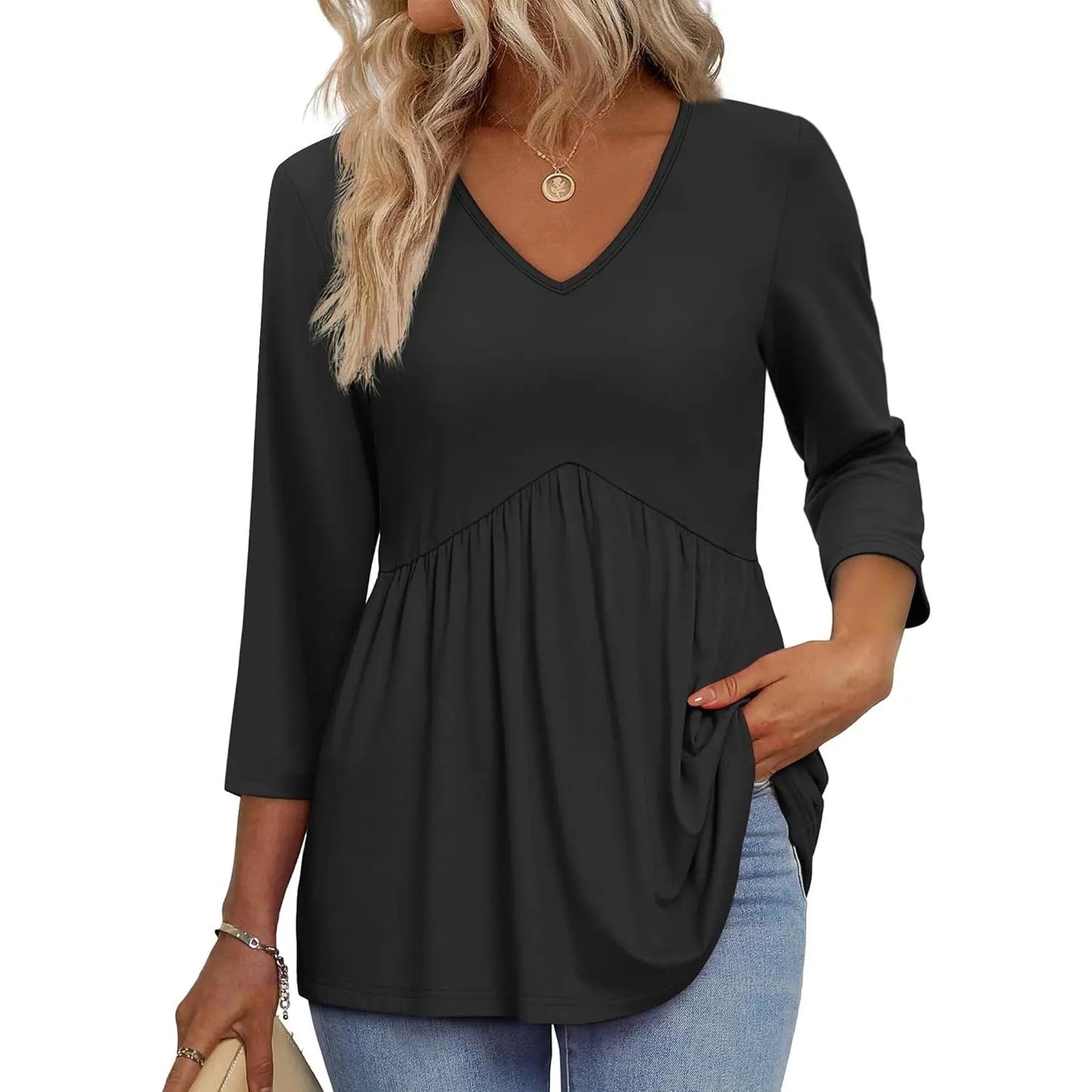 Women's V-Neck 3/4 Sleeve Tunic Top – Flowy Dressy Casual Blouse
