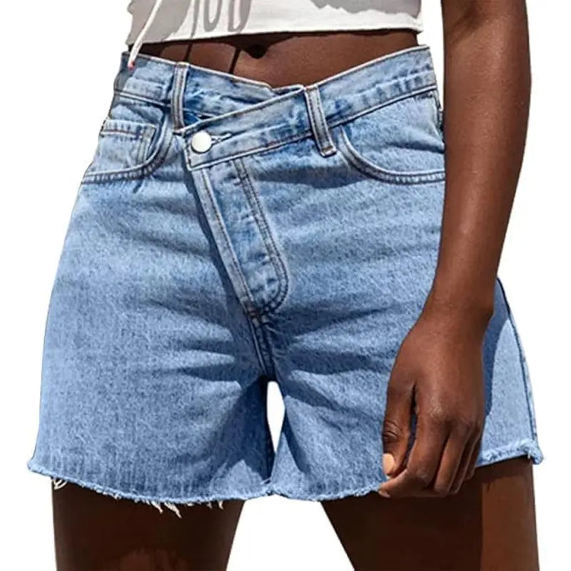 Women Crossover High Waisted Jeans Shorts Stretchy Casual Denim Shorts Boyfriend Summer Womenswear Streetwear Bottom Fit Ripped Style Chic