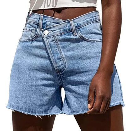 Women Crossover High Waisted Jeans Shorts Stretchy Casual Denim Shorts Boyfriend Summer Womenswear Streetwear Bottom Fit Ripped Style Chic