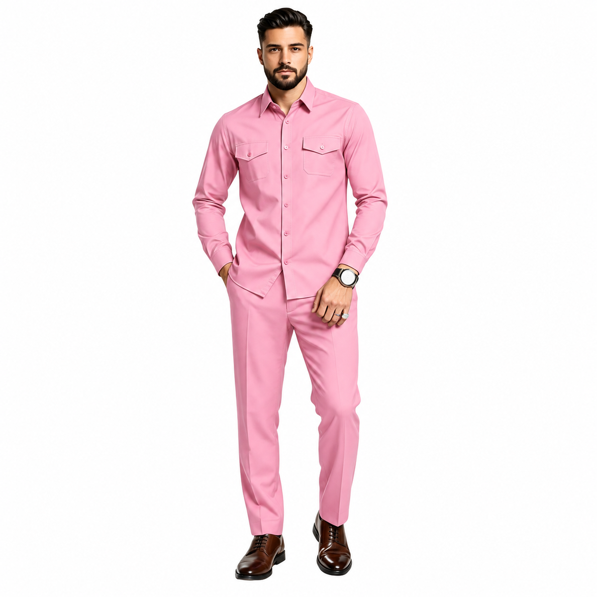 Men Two Piece Polyester Shirt Pants Set