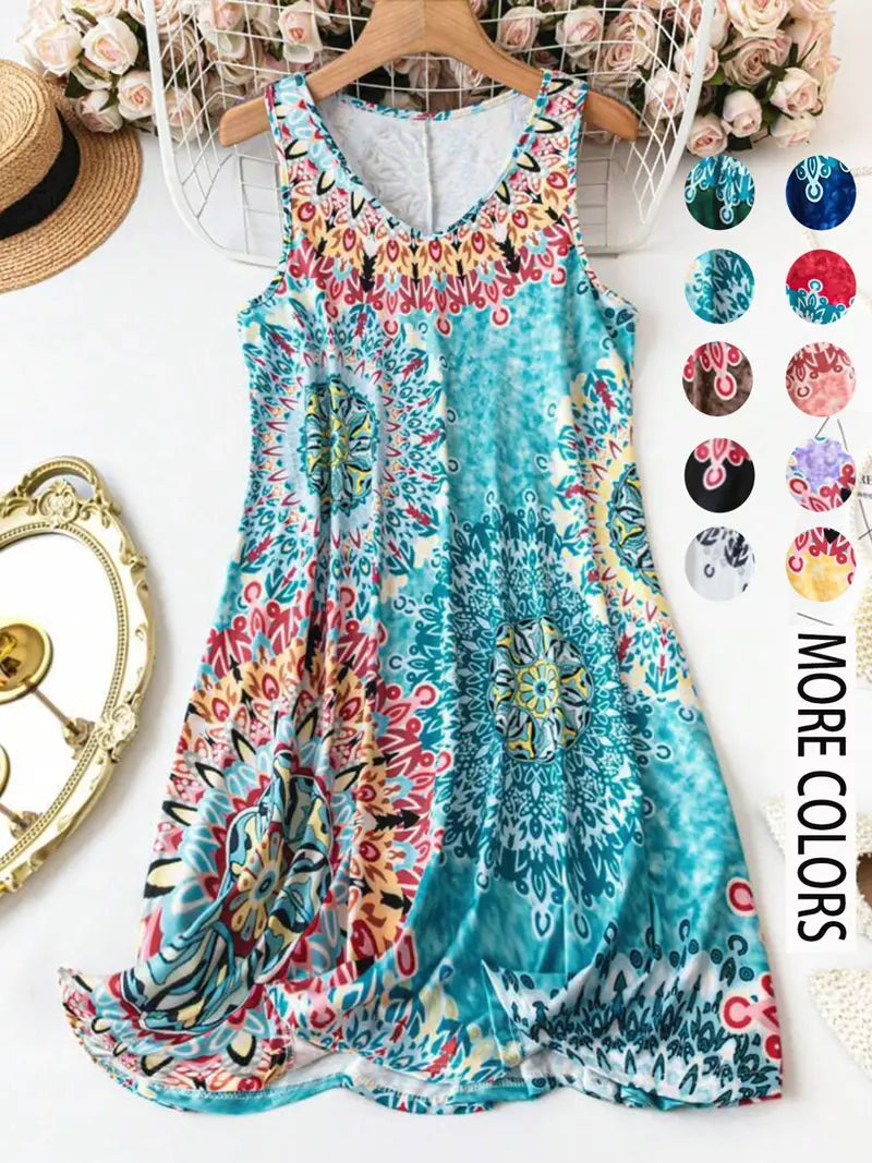 Women's Plus Size Boho Floral Print Tank Dress – Casual Sleeveless Loose Summer Vacation Dress