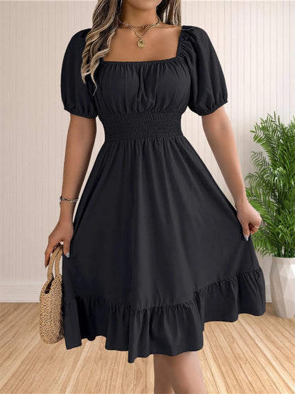 Floral Shirred Puff Sleeve A-Line Dress – Square Neck Ruffle Hem Summer Midi Dress for Women