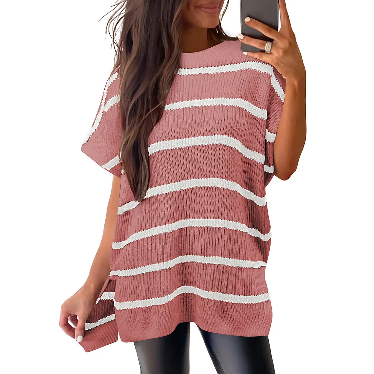 2026 SummerVibes Women's Crew Neck Batwing Short Sleeve Ribbed Knit Top - Oversized High Low Side Split Casual Pullover for Daily Outings summerwins