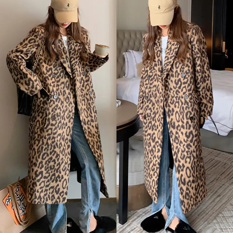 Women's Leopard Print Double-Breasted Wool Blend Trench Coat – Long Winter Overcoat