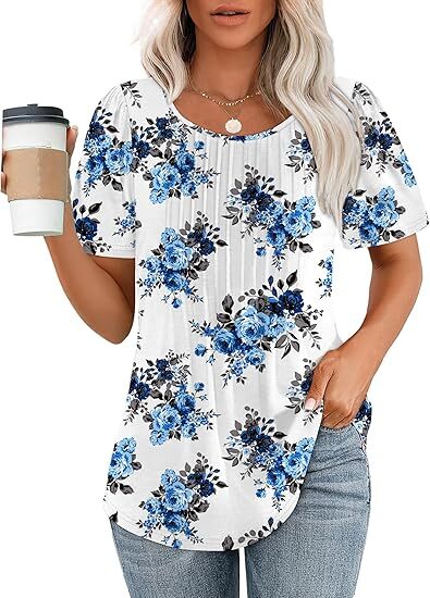 Women's Summer Pleated Blouse - Short Sleeve Scoop Neck Tunic, Dressy Casual Flare Top (S-4XL)