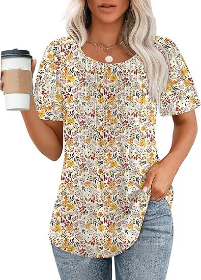 Women's Summer Pleated Blouse - Short Sleeve Scoop Neck Tunic, Dressy Casual Flare Top (S-4XL)