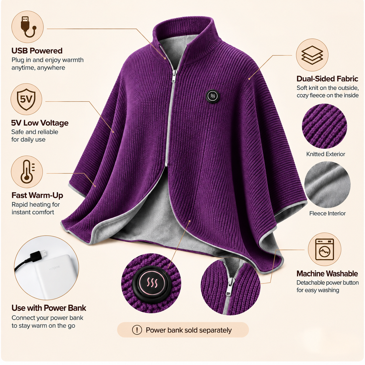 Wearable Heated Shawl 3 Heat Levels Portable Thermal Wrap
