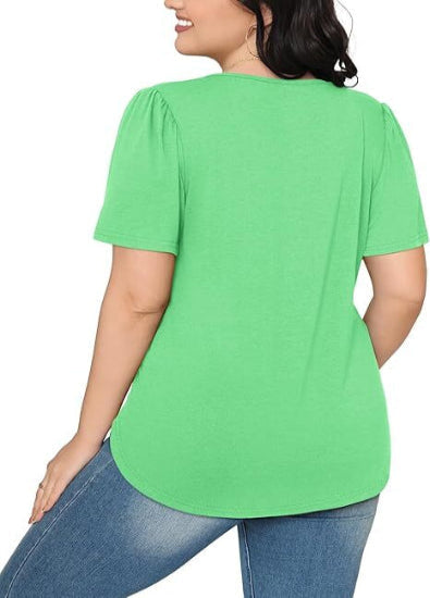 Women's Summer Pleated Blouse - Short Sleeve Scoop Neck Tunic, Dressy Casual Flare Top (S-4XL)