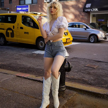 Women Crossover High Waisted Jeans Shorts Stretchy Casual Denim Shorts Boyfriend Summer Womenswear Streetwear Bottom Fit Ripped Style Chic