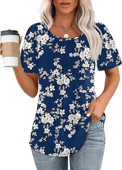 Women's Summer Pleated Blouse - Short Sleeve Scoop Neck Tunic, Dressy Casual Flare Top (S-4XL)