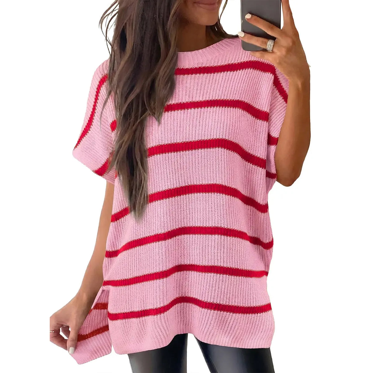 2026 SummerVibes Women's Crew Neck Batwing Short Sleeve Ribbed Knit Top - Oversized High Low Side Split Casual Pullover for Daily Outings summerwins