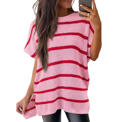 2026 SummerVibes Women's Crew Neck Batwing Short Sleeve Ribbed Knit Top - Oversized High Low Side Split Casual Pullover for Daily Outings summerwins