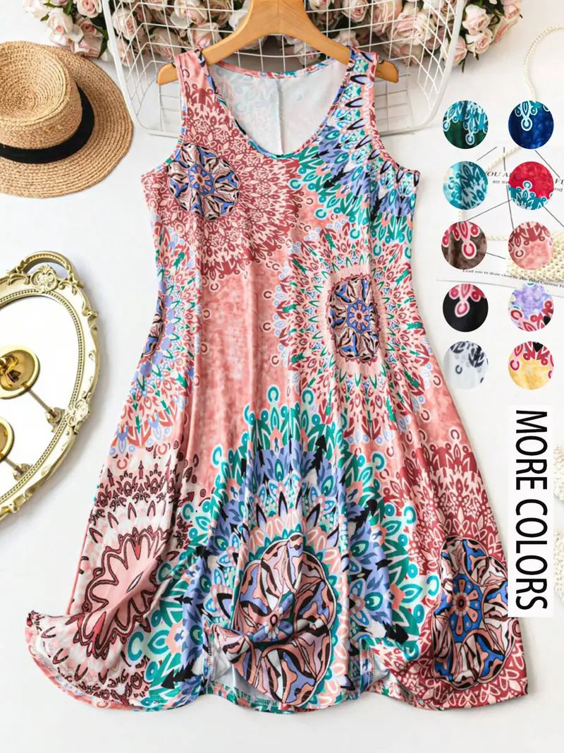 Women's Plus Size Boho Floral Print Tank Dress – Casual Sleeveless Loose Summer Vacation Dress