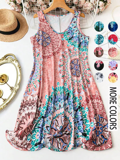 Women's Plus Size Boho Floral Print Tank Dress – Casual Sleeveless Loose Summer Vacation Dress