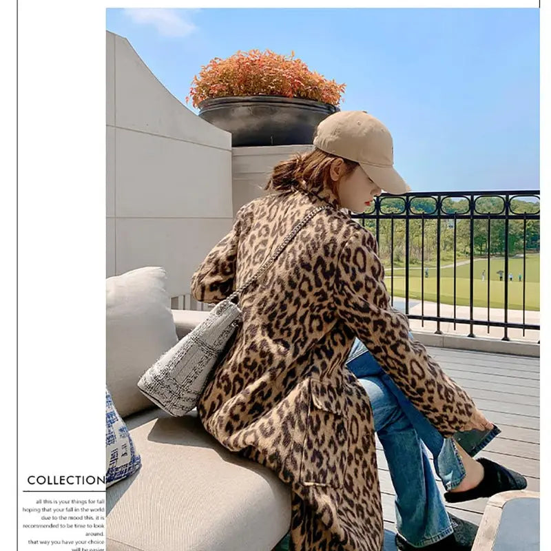 Women's Leopard Print Double-Breasted Wool Blend Trench Coat – Long Winter Overcoat