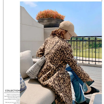 Women's Leopard Print Double-Breasted Wool Blend Trench Coat – Long Winter Overcoat